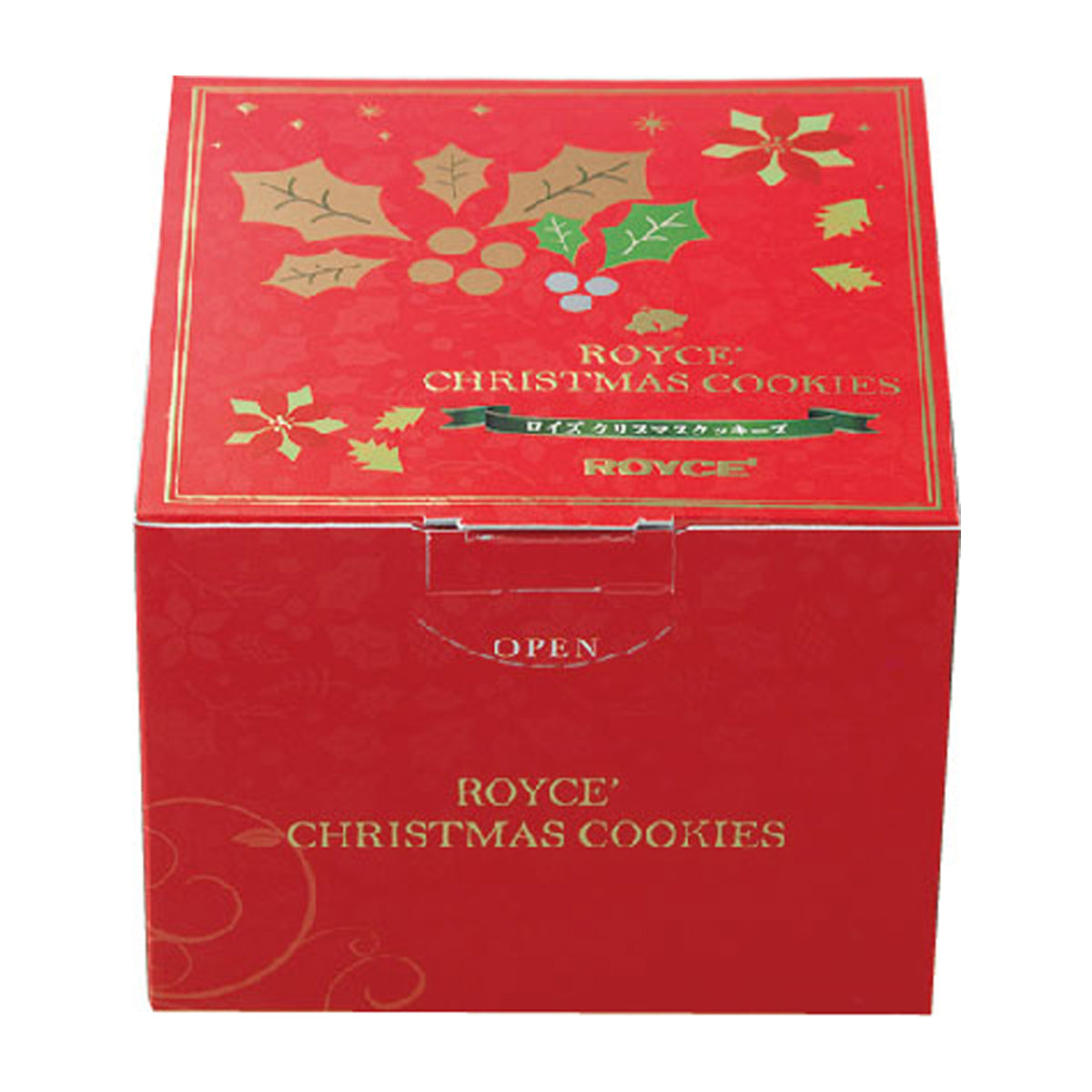 Christmas Cookies 6 Pcs - Image shows a red box that has gold, grey, and green prints of balls, snowflakes, and leaves. Text above says ROYCE' Christmas Cookies ROYCE'. Text below says Open ROYCE' Christmas Cookies.