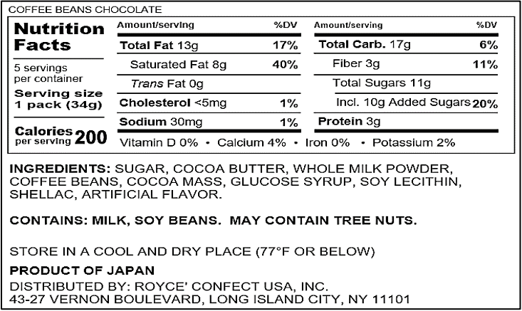 ROYCE' Chocolate - Coffee Beans Chocolate - Nutrition Facts