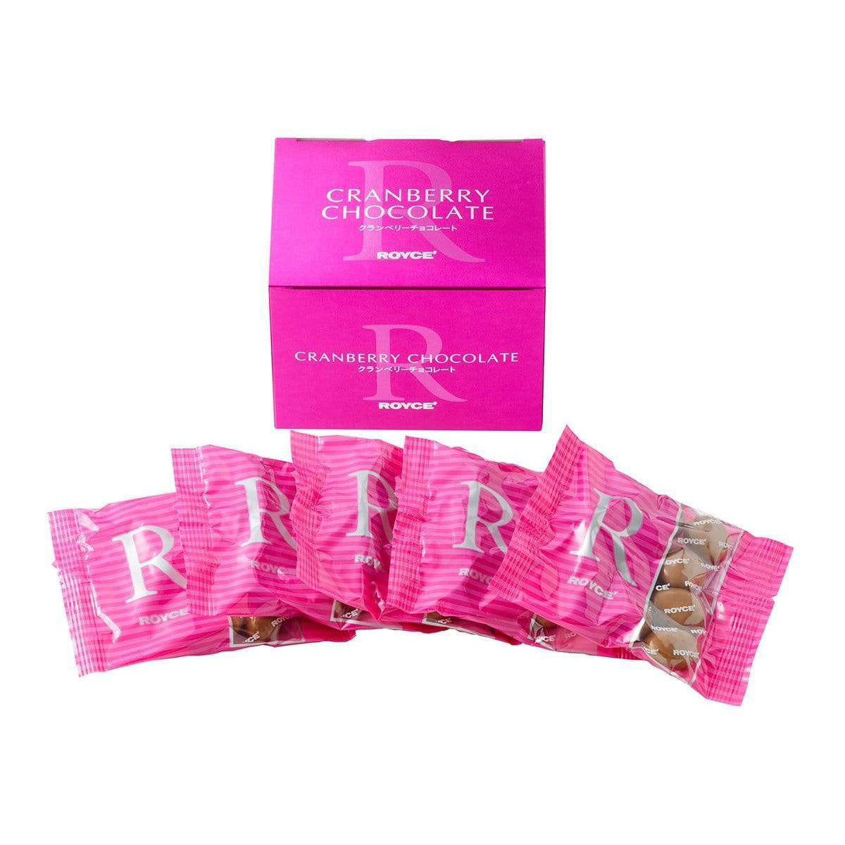 ROYCE' Chocolate - Cranberry Chocolate - Image shows pink box with the words Cranberry Chocolate on top and bottom. Below are five packets with pink stripes and text saying R ROYCE'.