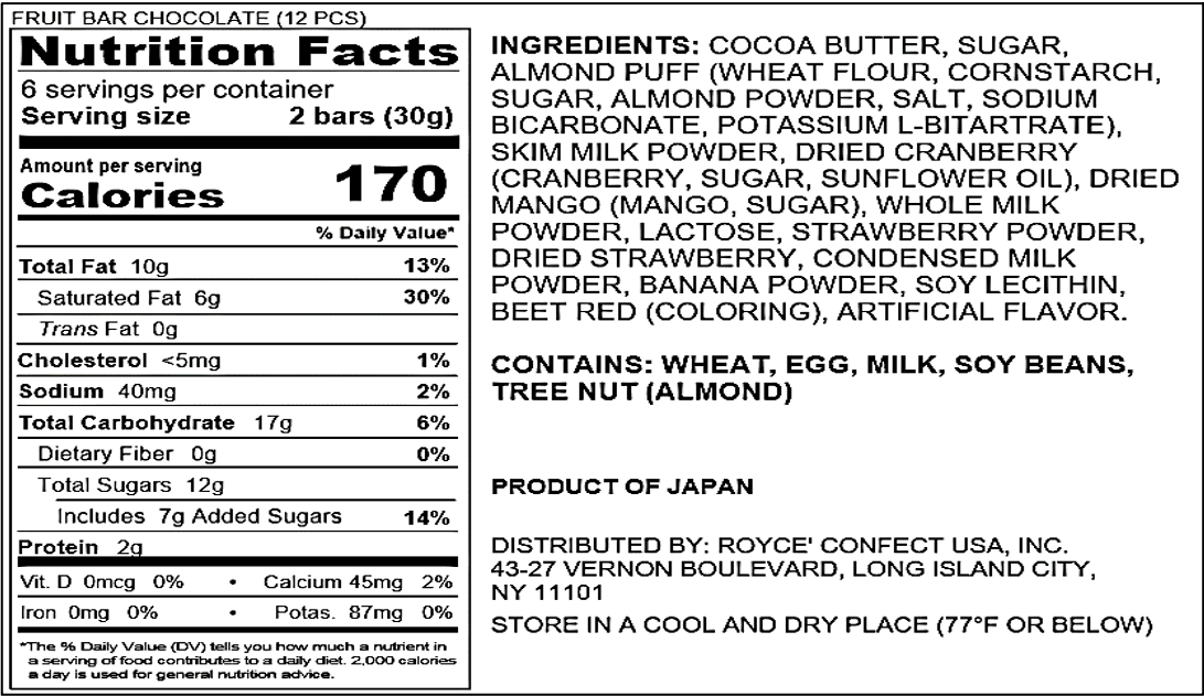 ROYCE' Chocolate - Fruit Bar Chocolate - Nutrition Facts