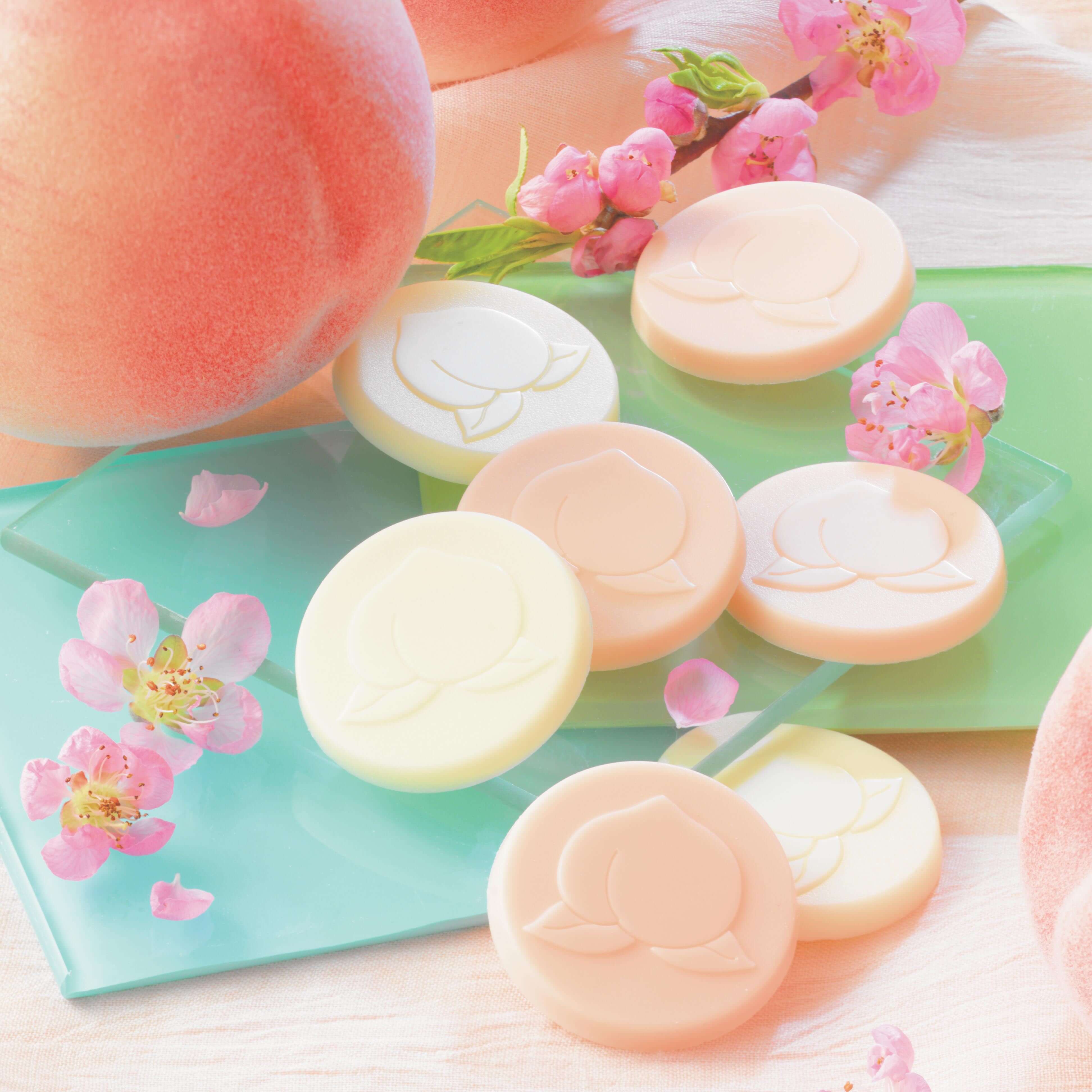 ROYCE' Chocolate - Hakutouberry & Hakutouwhite Chocolate - Image shows light pink and white chocolate discs embossed with a peach-shaped pattern, as placed on a clear plate. Accents include a green plate, a blue paper, pink flowers, a brown twig with green leaves and pink flowers, peach fruits, and a pink tablecloth.