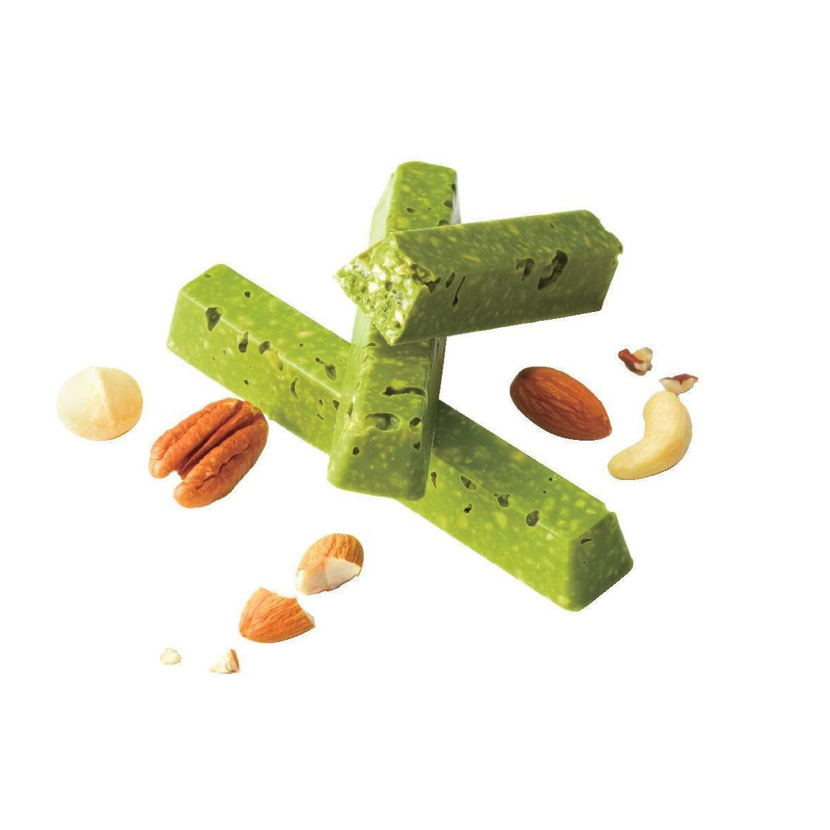 ROYCE' Chocolate - Matcha Bar Chocolate - Image shows green chocolate bars with accents of different nuts. Background is in white.