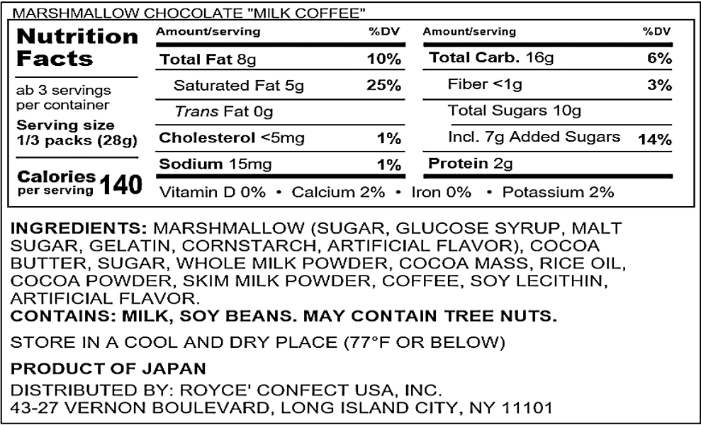 ROYCE' Chocolate - Marshmallow Chocolate "Milk Coffee" - Nutrition Facts