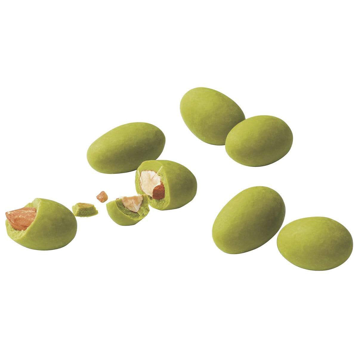 ROYCE' Chocolate - Matcha Almond Chocolate - Image shows round green chocolate-coated almonds on a white surface.