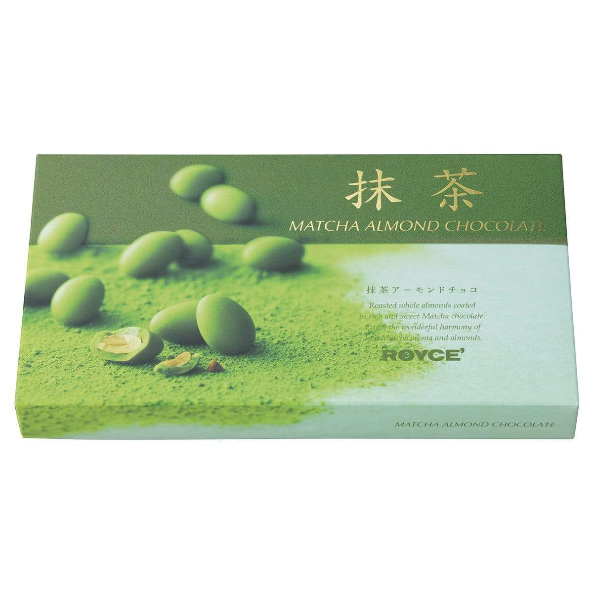 ROYCE' Chocolate - Matcha Almond Chocolate - Image shows a box in different green hues with pictures of green chocolate-covered almonds. Text in box says Matcha Almond Chocolate Roasted whole almonds coated in rich and sweet Matcha chocolate. Enjoy the wonderful harmony of Matcha aroma and almonds. ROYCE'. Text on bottom says Matcha Almond Chocolate.