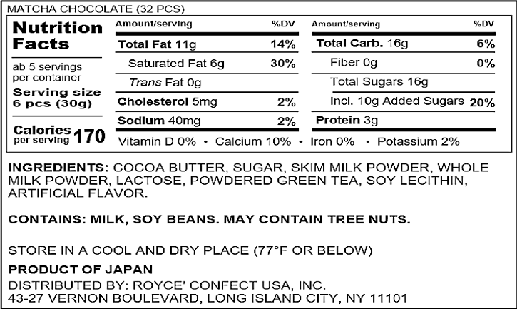 ROYCE' Chocolate - Matcha Chocolate - Nutrition Facts