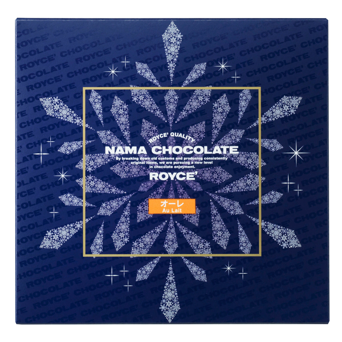 Image shows a blue box printed with the words ROYCE' Chocolate and has illustrations of a snowflake and stars in white and golden square in the middle. Text says ROYCE' Quality Nama Chocolate By breaking down old customs and producing consistently original items, we are pursuing a new level in chocolate enjoyment. ROYCE' Au Lait.