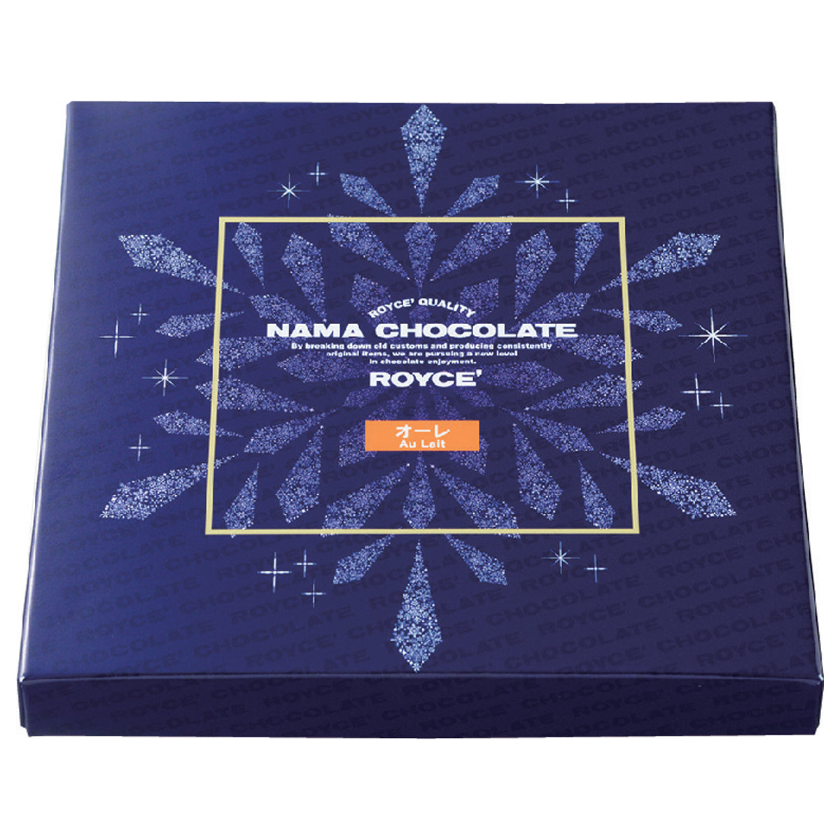 Image shows a blue box printed with the words ROYCE' Chocolate and has illustrations of a snowflake and stars in white and golden square in the middle. Text says ROYCE' Quality Nama Chocolate By breaking down old customs and producing consistently original items, we are pursuing a new level in chocolate enjoyment. ROYCE' Au Lait.