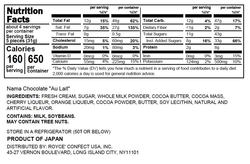 ROYCE' Chocolate - Nama Chocolate "Au Lait" - Nutrition Facts