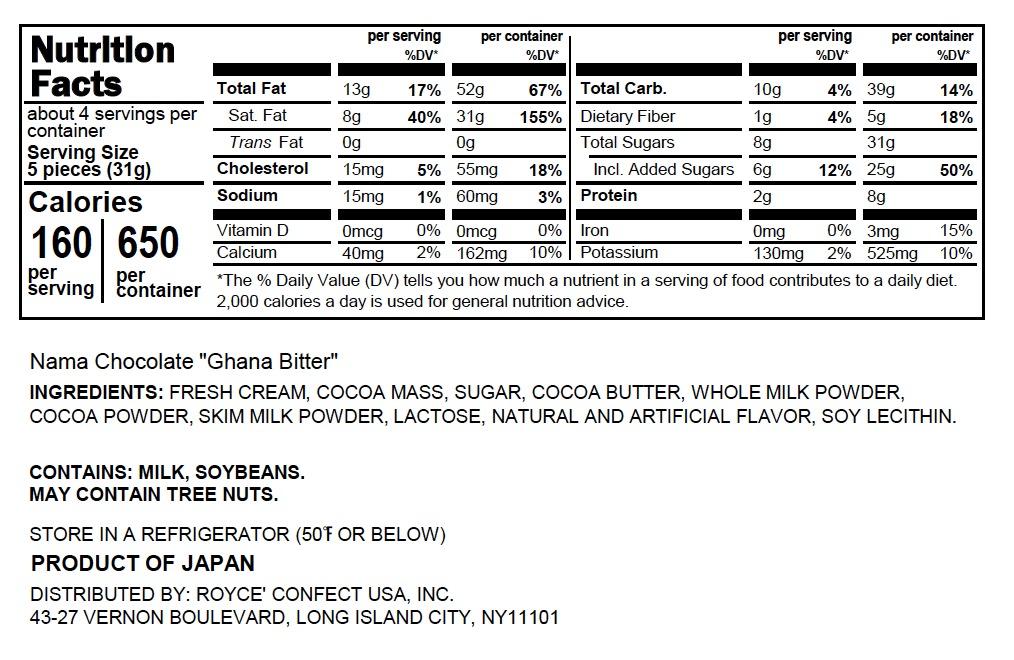 ROYCE' Chocolate - Nama Chocolate "Ghana Bitter" - Nutrition Facts