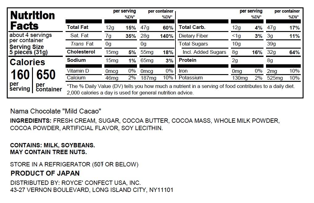 ROYCE' Chocolate - Nama Chocolate "Mild Cacao" - Nutrition Facts