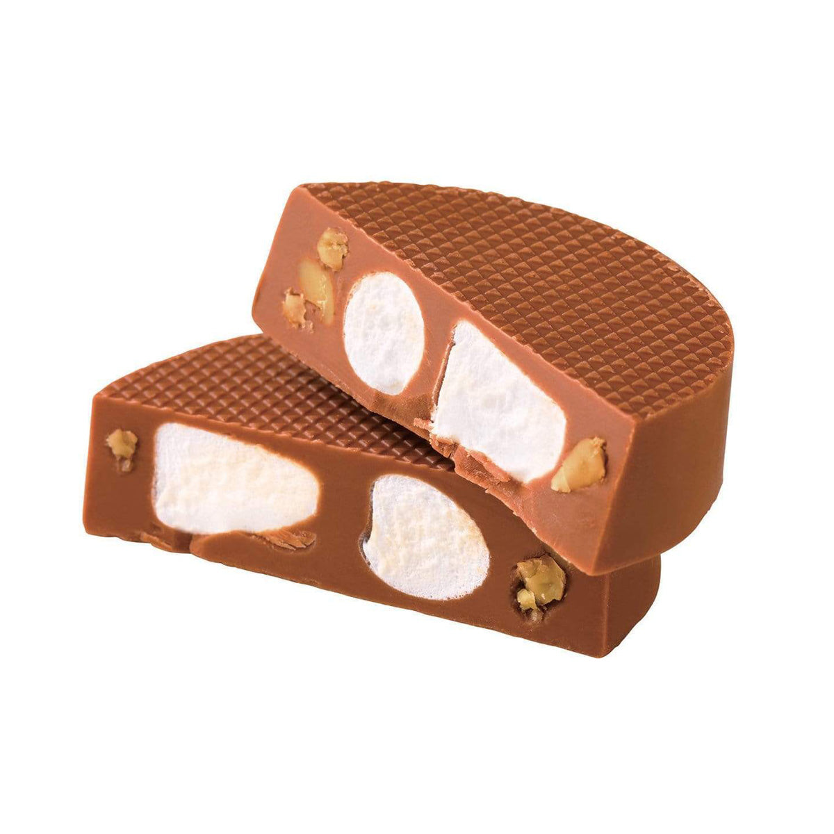 Petit Kurumaro Chocolat: Cross-sectioned milk chocolate discs with nougat-style filling, containing crunchy walnuts and chewy marshmallows, showcasing a diamond-grid texture.