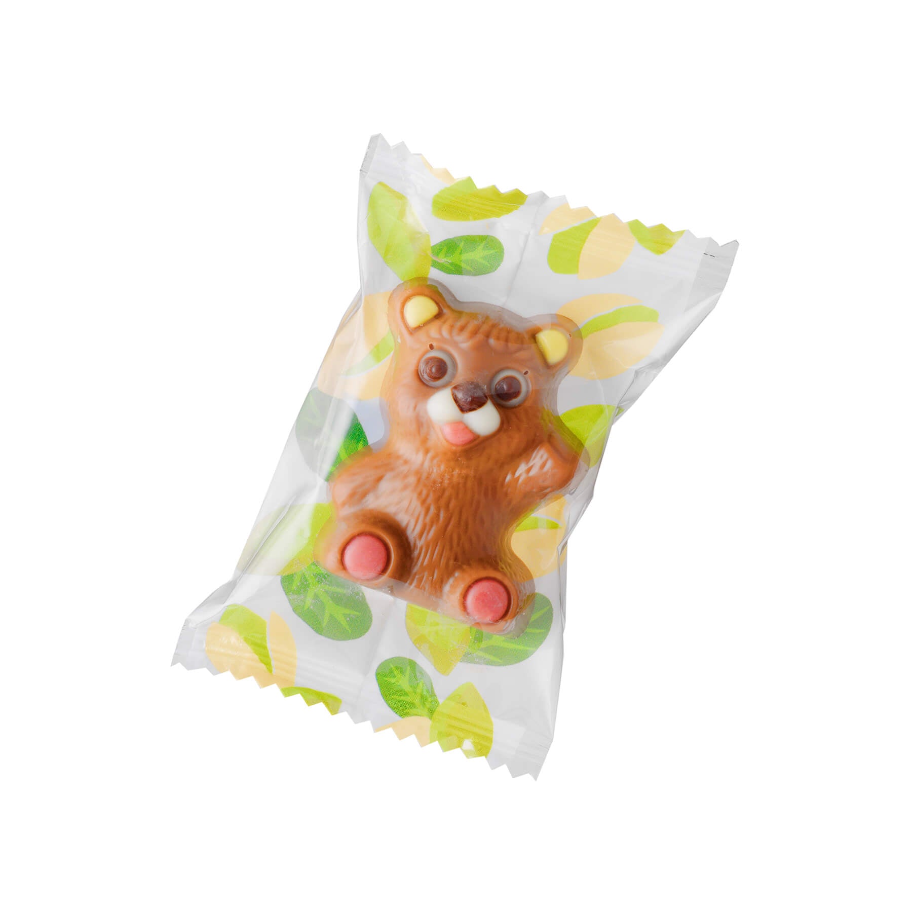 Petit Bear Chocolat Pistachio (10 Pcs) features bear-shaped milk chocolates, filled with pistachio cream, wrapped in leaf-printed clear plastic.