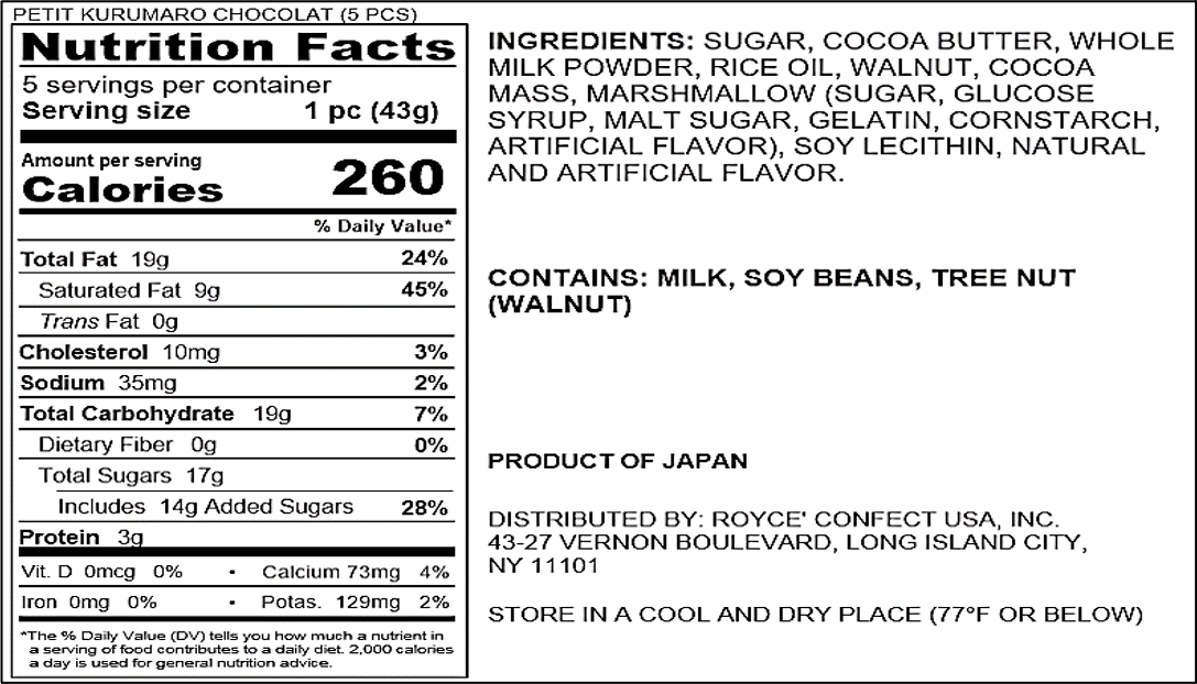 ROYCE' Chocolate - Petit Kurumaro Chocolat (5 Pcs) - Nutrition Facts