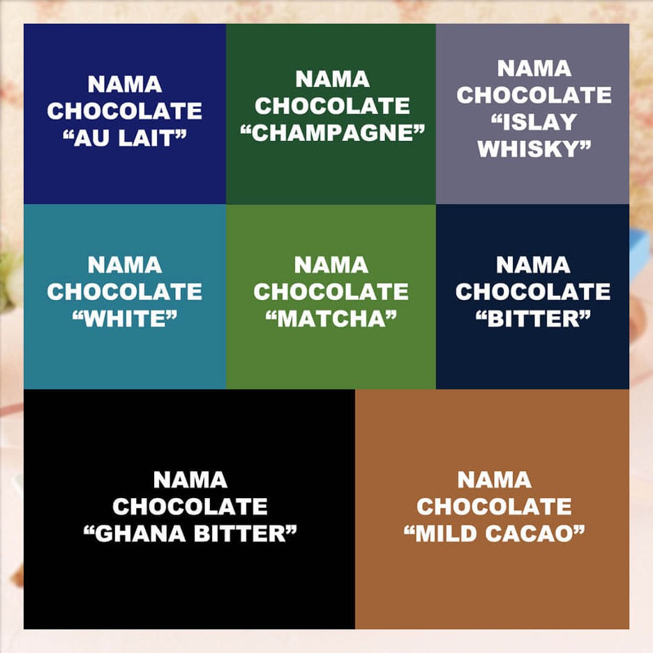 ROYCE' - ROYCE' Premium Nama Chocolate Collection - A collage. Top: blue square with words Nama Chocolate "Au Lait", green square with words Nama Chocolate "Champagne", gray square with words Nama Chocolate "Islay Whisky". Middle: blue square with words Nama Chocolate "White", green square with words Nama Chocolate "Matcha", blue square with words Nama Chocolate "Bitter". Bottom: Black rectangle with words Nama Chocolate "Ghana Bitter", and brown box with words Nama Chocolate "Mild Cacao".