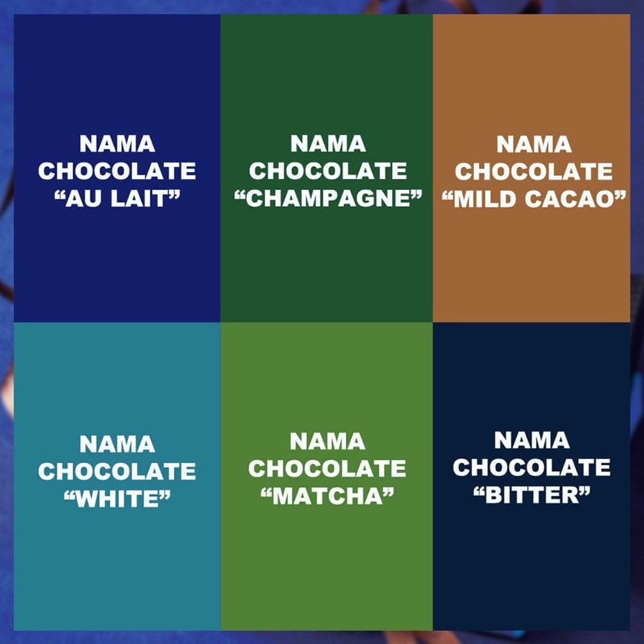 ROYCE' - ROYCE' Signature Nama Chocolate Collection - A collage. Top: blue rectangle with words Nama Chocolate "Au Lait", green rectangle with words Nama Chocolate "Champagne", brown rectangle with words Nama Chocolate "Mild Cacao". Bottom: blue square with words Nama Chocolate "White", green square with words Nama Chocolate "Matcha", blue square with words Nama Chocolate "Bitter".