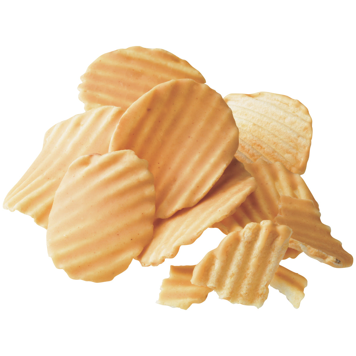 Image shows golden, ridged chocolate-coated potato chips. Background is in white.
