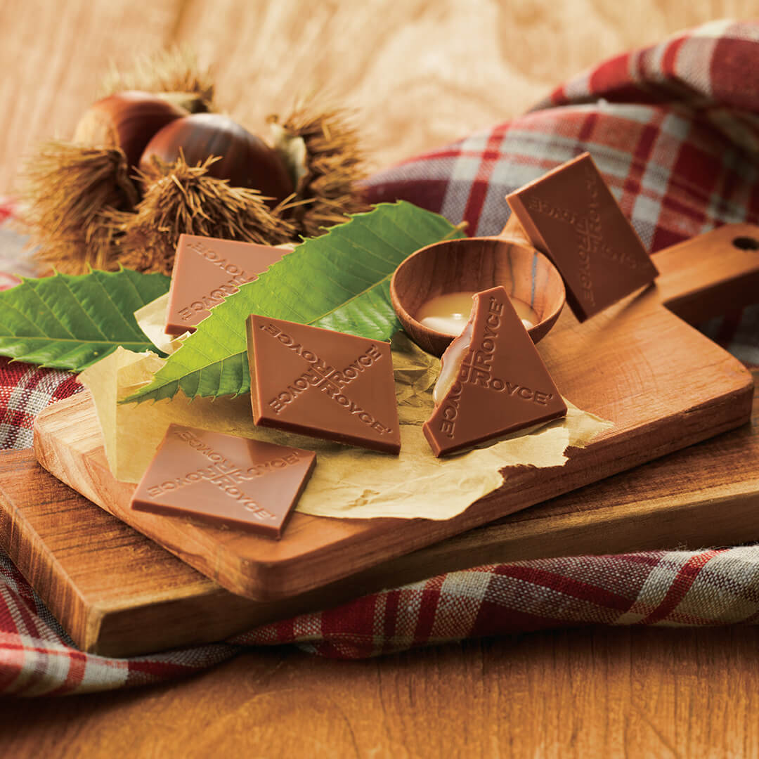 Image shows brown chocolate squares with the words ROYCE' engraved. Accents include brown chopping boards and a bowl, together with green leaves, a brown sheet of paper, brown fuzzy chestnuts, and a checkered tablecloth in red and gray. Background is a wooden table in brown.