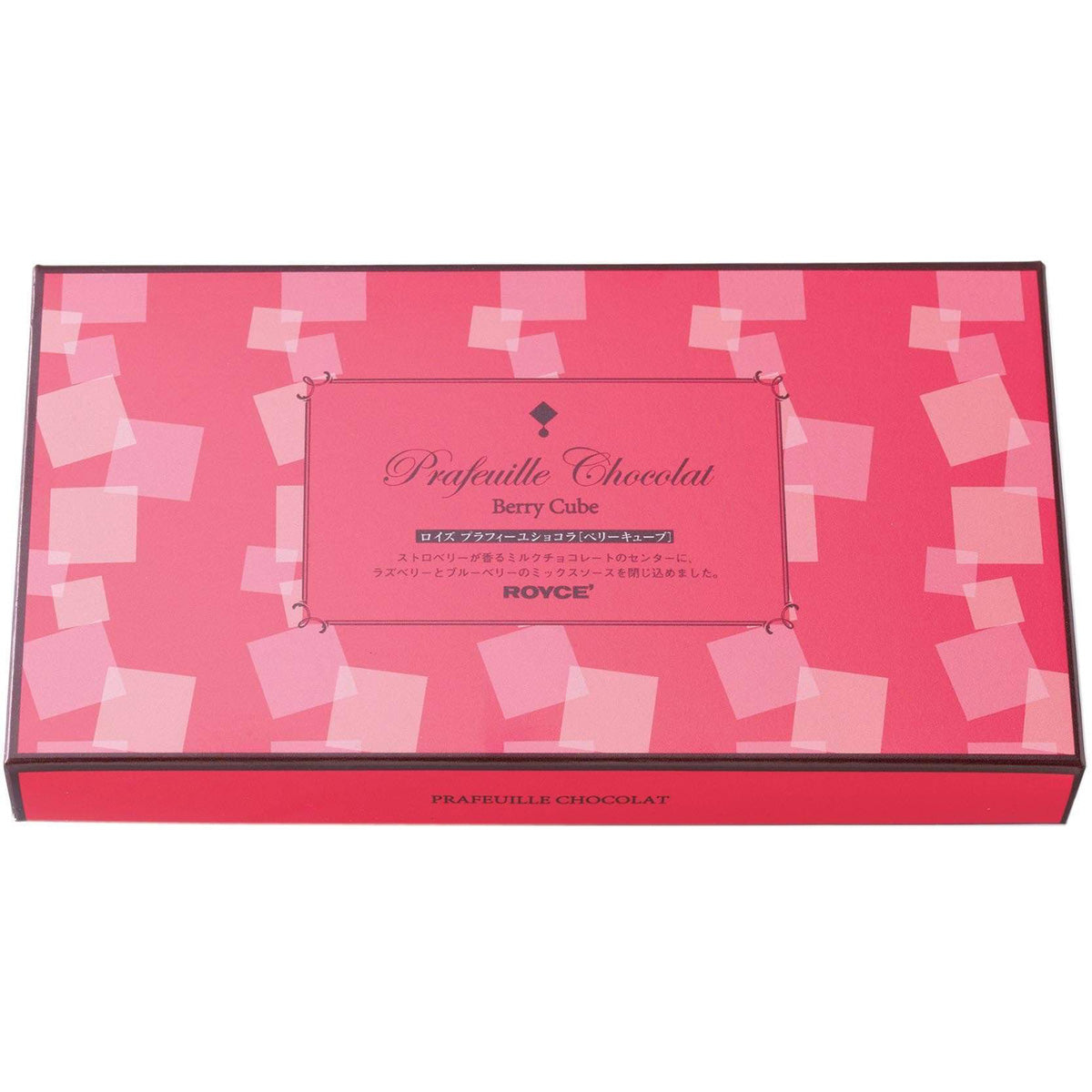 ROYCE' Chocolate - Prafeuille Chocolat "Berry Cube" - Image shows a pink box with cube prints. Text says Prafeuille Chocolat Berry Cube ROYCE'. Text below says Prafeuille Chocolat.
