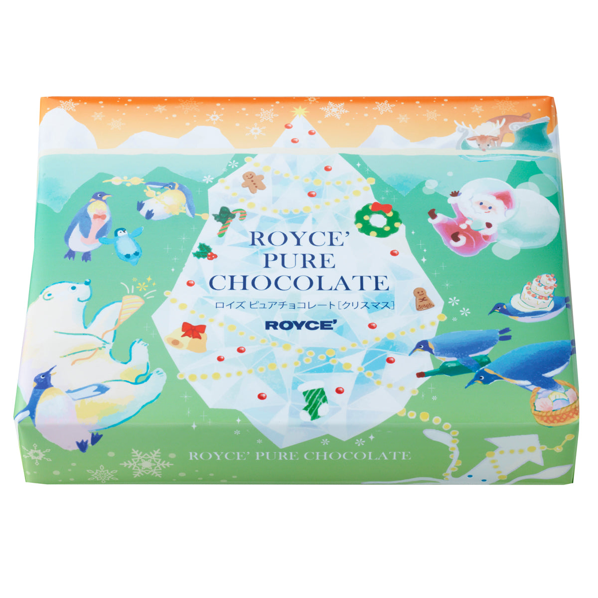 Image shows a green and orange box with illustrations of icebergs, animals, Santa Claus, plants, snowflakes, and holiday ornaments. Text above says ROYCE' Pure Chocolate ROYCE'. Text below says ROYCE' Pure Chocolate