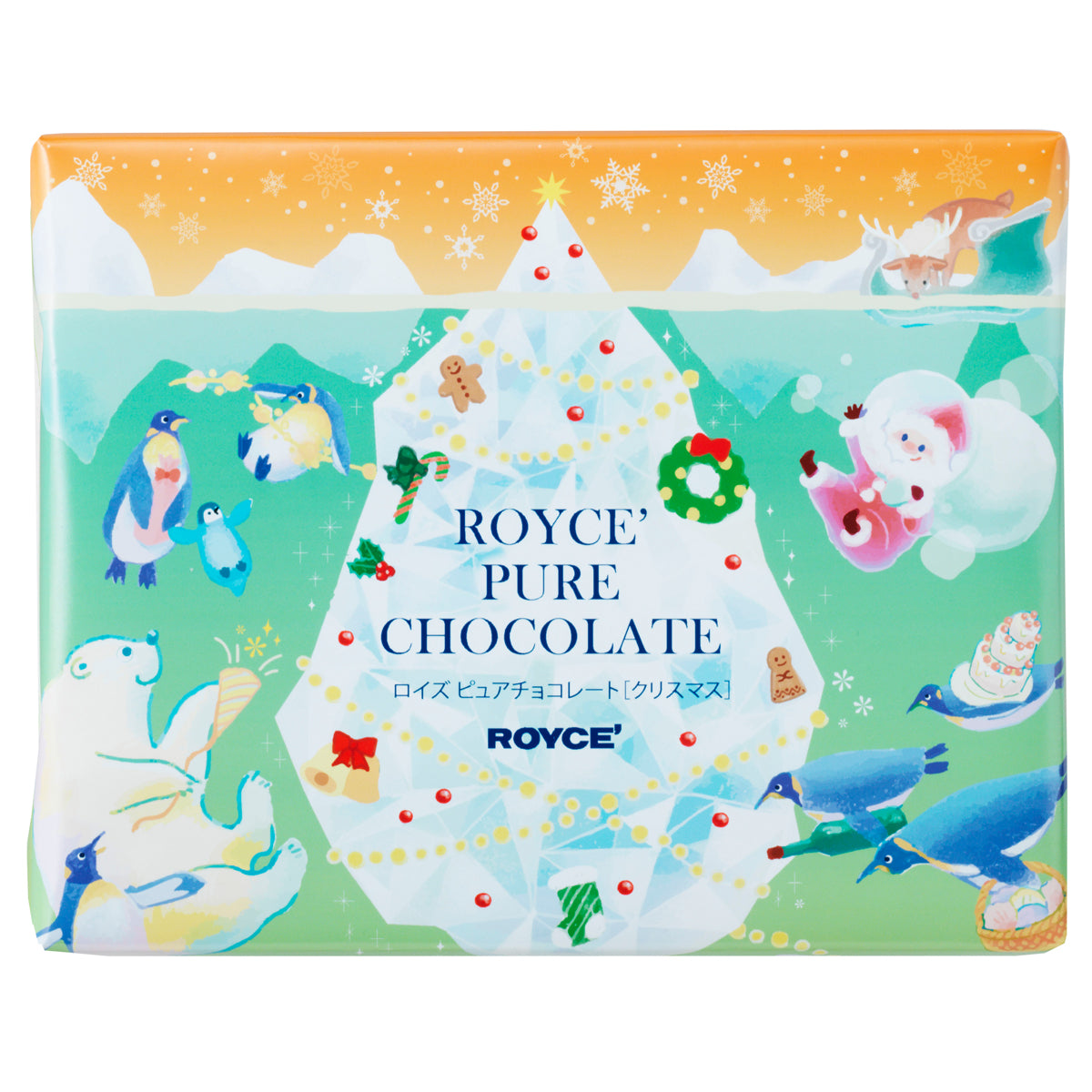 Image shows a green and orange box with illustrations of icebergs, animals, Santa Claus, plants, snowflakes, and holiday ornaments. Text says ROYCE' Pure Chocolate ROYCE'.