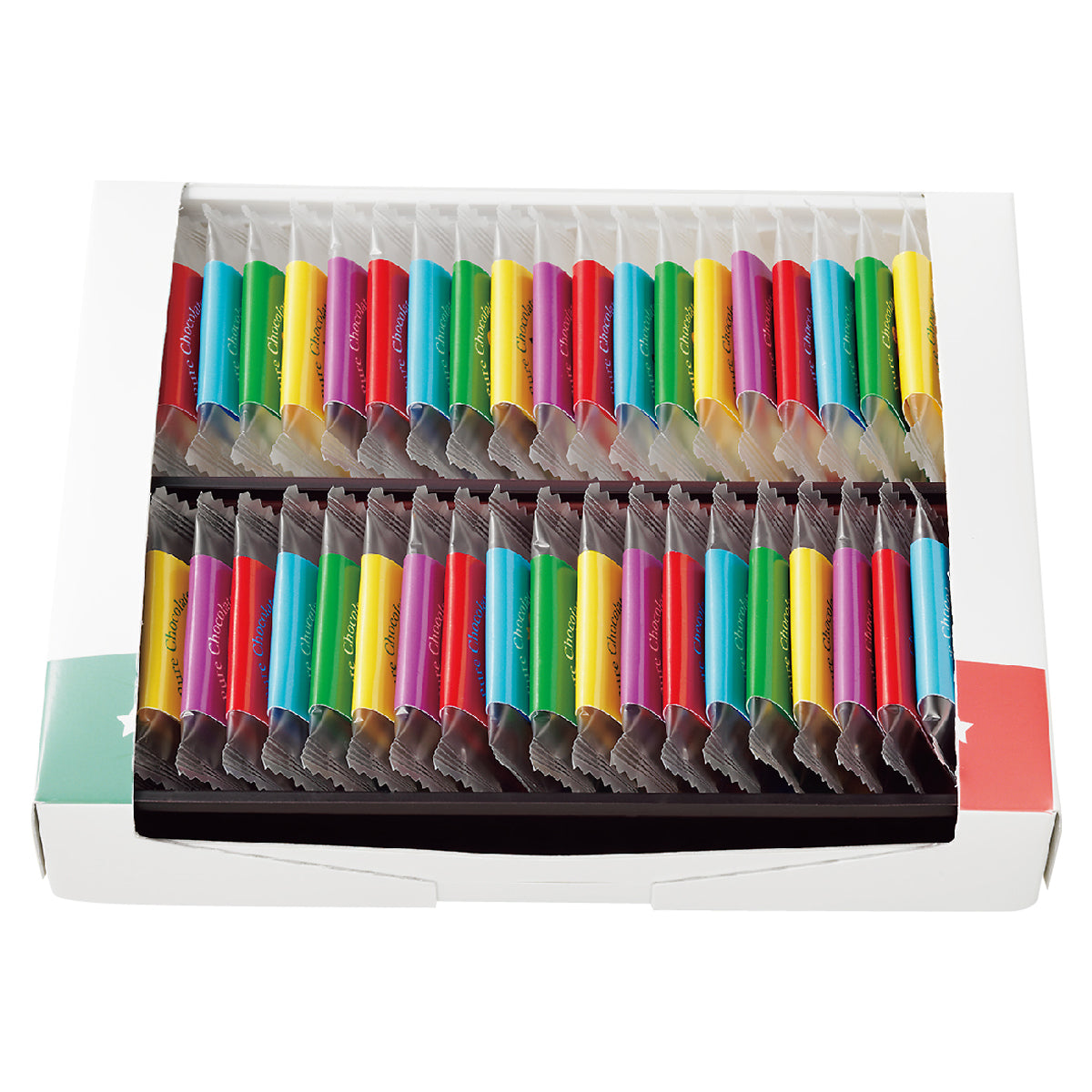 Image shows an open box with individually-wrapped chocolates inside in different colors.