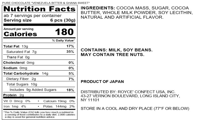 ROYCE' Chocolate - Pure Chocolate "Venezuela Bitter & Ghana Sweet" - Nutrition Facts