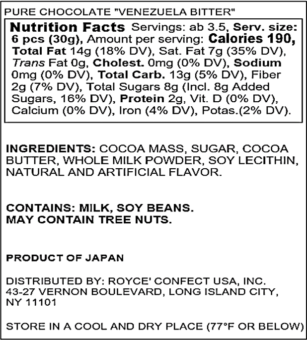 ROYCE' Chocolate - Pure Chocolate "Venezuela Bitter" - Nutrition Facts