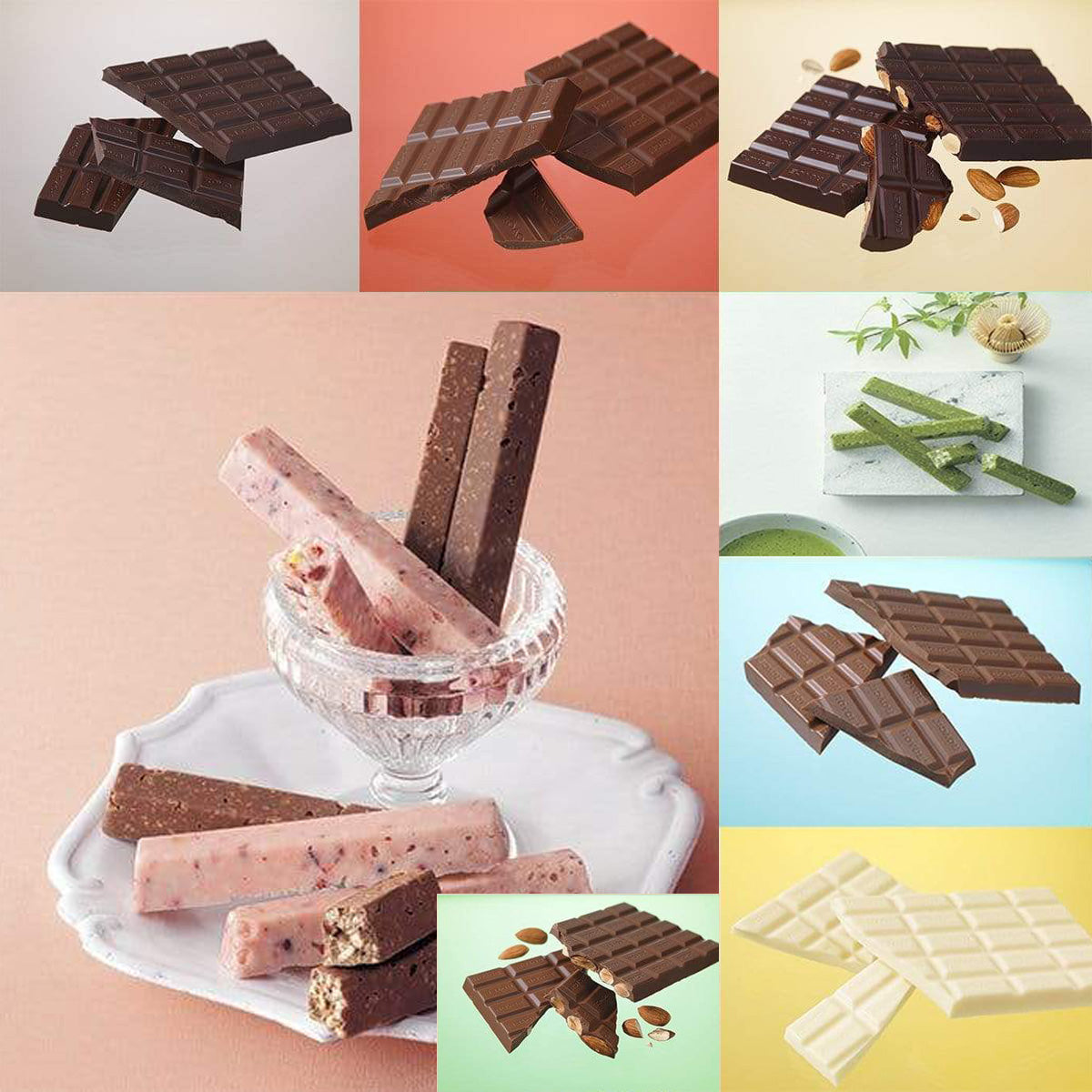 ROYCE' Chocolate - ROYCE' Bar Collection - Clockwise from top: black chocolate bars with gray background; brown chocolate bars with red background; brown chocolate bars with almonds & light brown background; green chocolate bars on white plate with green leaves & tea mixer & cup; brown chocolate bars with light blue background; white chocolate bars with yellow background; brown chocolate bars with almonds & green background; & brown & pink chocolate bars with white plate & clear glass with pink background.