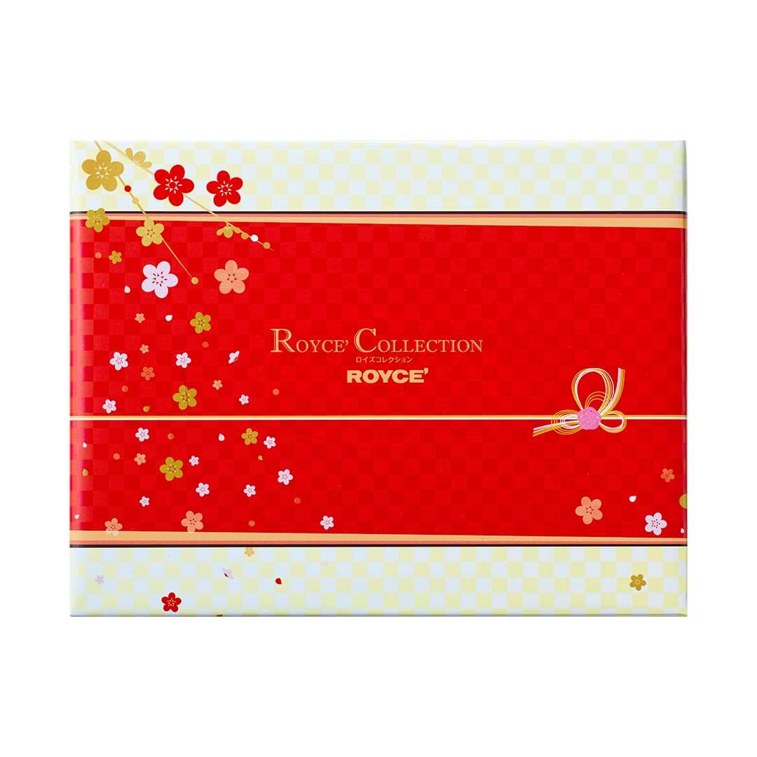 ROYCE' Chocolate - ROYCE' Collection "New Year" - Image shows a white and red box with floral prints in yellow, red, and white as well as yellow and red checkers. There is also a gold line in the middle with a knotted end on the right. Golden text in the middle says ROYCE' Collection ROYCE'.