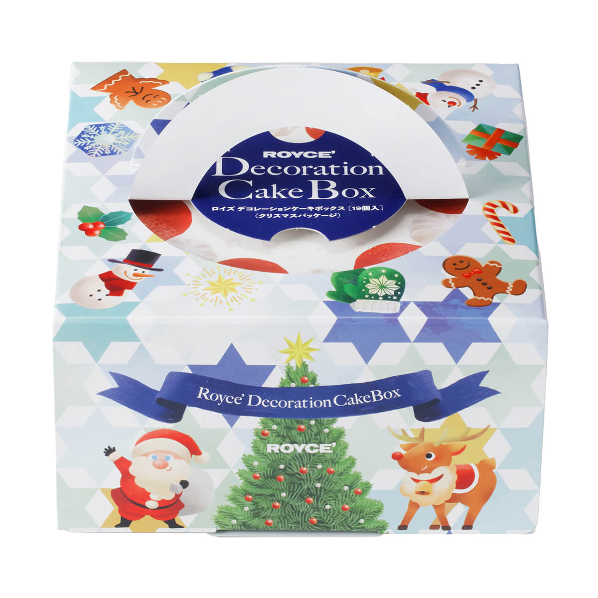 Image shows a printed box in blue and white with illustrations of snowmen, gingerbread men, a reindeer, snowflakes, a candy cane, green leaves with red berries, gloves, gift box, and a Christmas tree. The box has text saying (from top) ROYCE' Decoration Cake Box. ROYCE' Decoration Cake Box ROYCE'.