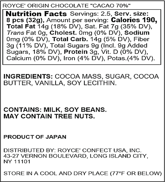 ROYCE' Chocolate - ROYCE' Origin Chocolate "Cacao 70%" - Nutrition Facts