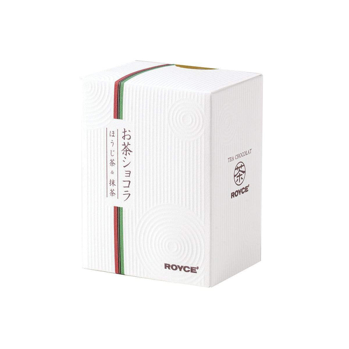 ROYCE' Chocolate - Tea Chocolat "Hojicha & Matcha" - Image shows a white box with accents of colors red and green. Visible words are Tea Chocolat and ROYCE'.