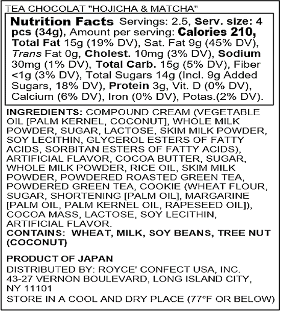 ROYCE' Chocolate - Tea Chocolat "Hojicha & Matcha" - Nutrition Facts