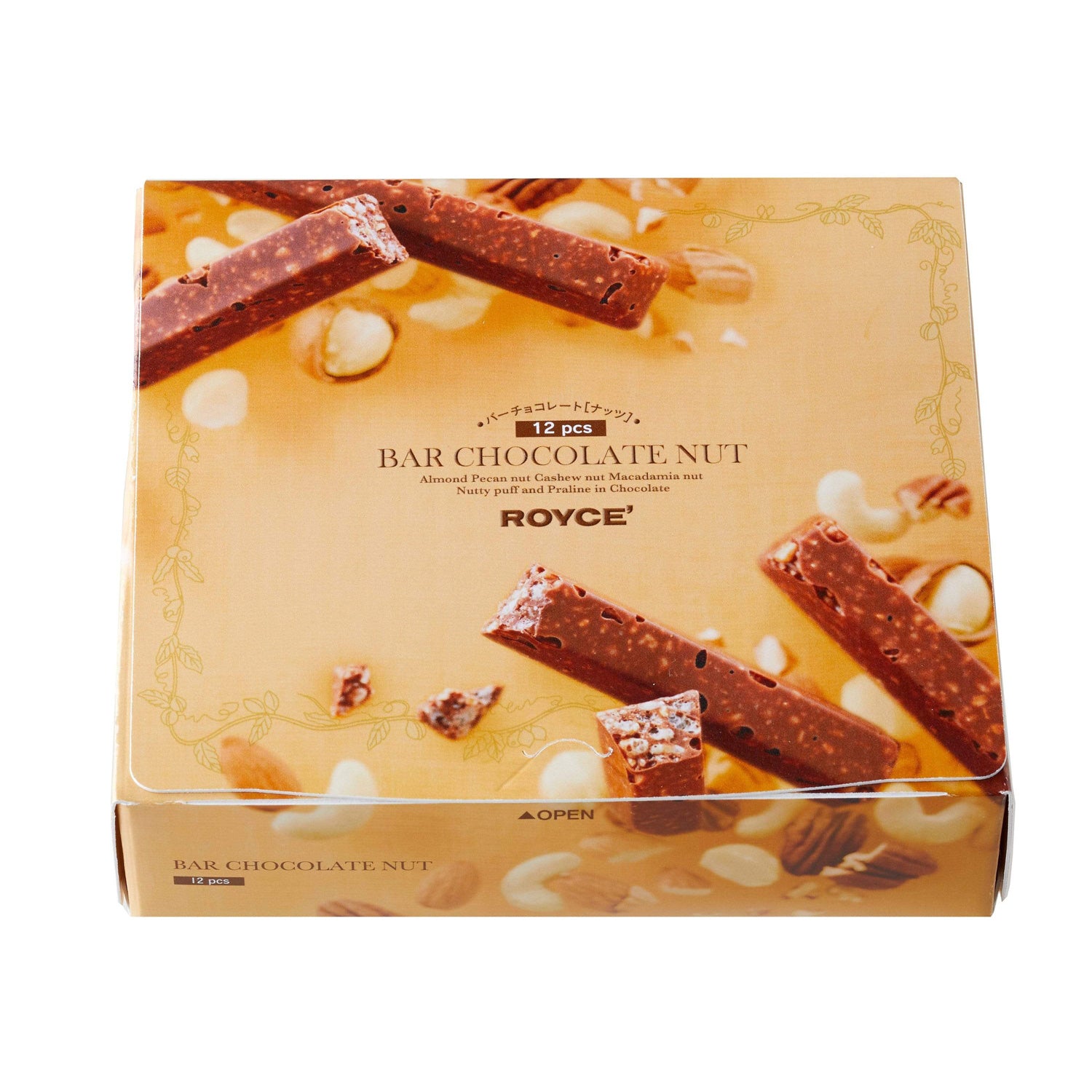 ROYCE' Chocolate - Bar Chocolate "Nut" - Image shows a yellow box with pictures of brown chocolate bars and nuts. Text in middle center says 12 Pcs Bar Chocolate Nut Almond Pecan Nut Cashew Nut Macadamia Nut Nutty Puff and Praline in Chocolate ROYCE'.