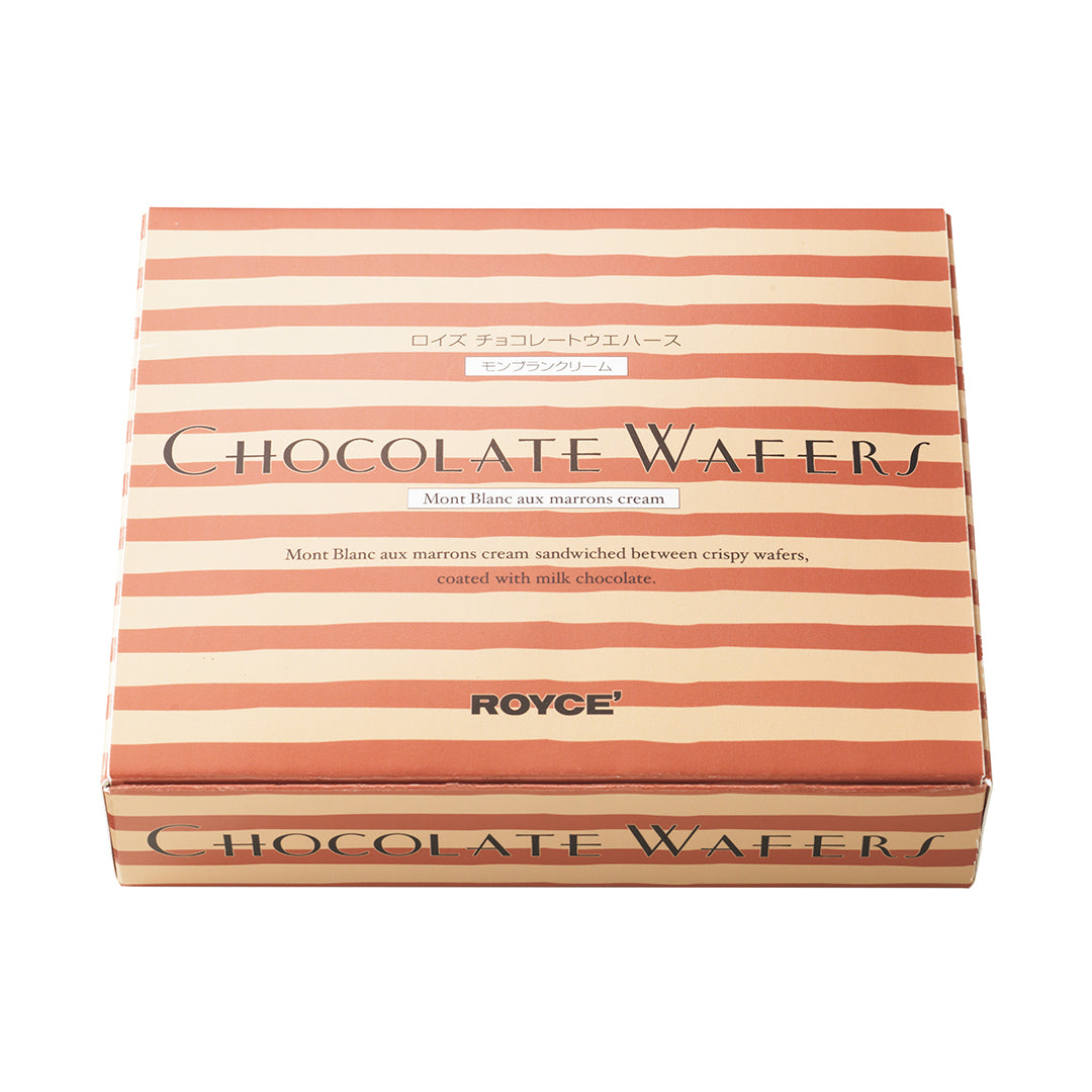 Image shows a brown, striped box with a white background. Text on middle says Chocolate Wafers Mont Blanc au marrons cream. Mont Blanc aux marrons cream sandwiched between crispy wafers, coated with milk chocolate. ROYCE. Text on bottom says Chocolate Wafers.