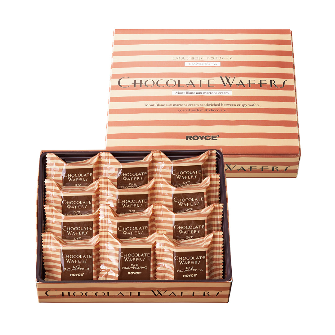 Image shows on top middle right a brown, striped box. Text on middle says Chocolate Wafers Mont Blanc au marrons cream. Mont Blanc aux marrons cream sandwiched between crispy wafers, coated with milk chocolate. ROYCE. Wafers. Box on lower middle left shows an open box with confections wrapped in a packaging of brown and yellow stripes. Text on each confection says Chocolate Wafers. Text below the box says Chocolate Wafers. Background is in white.