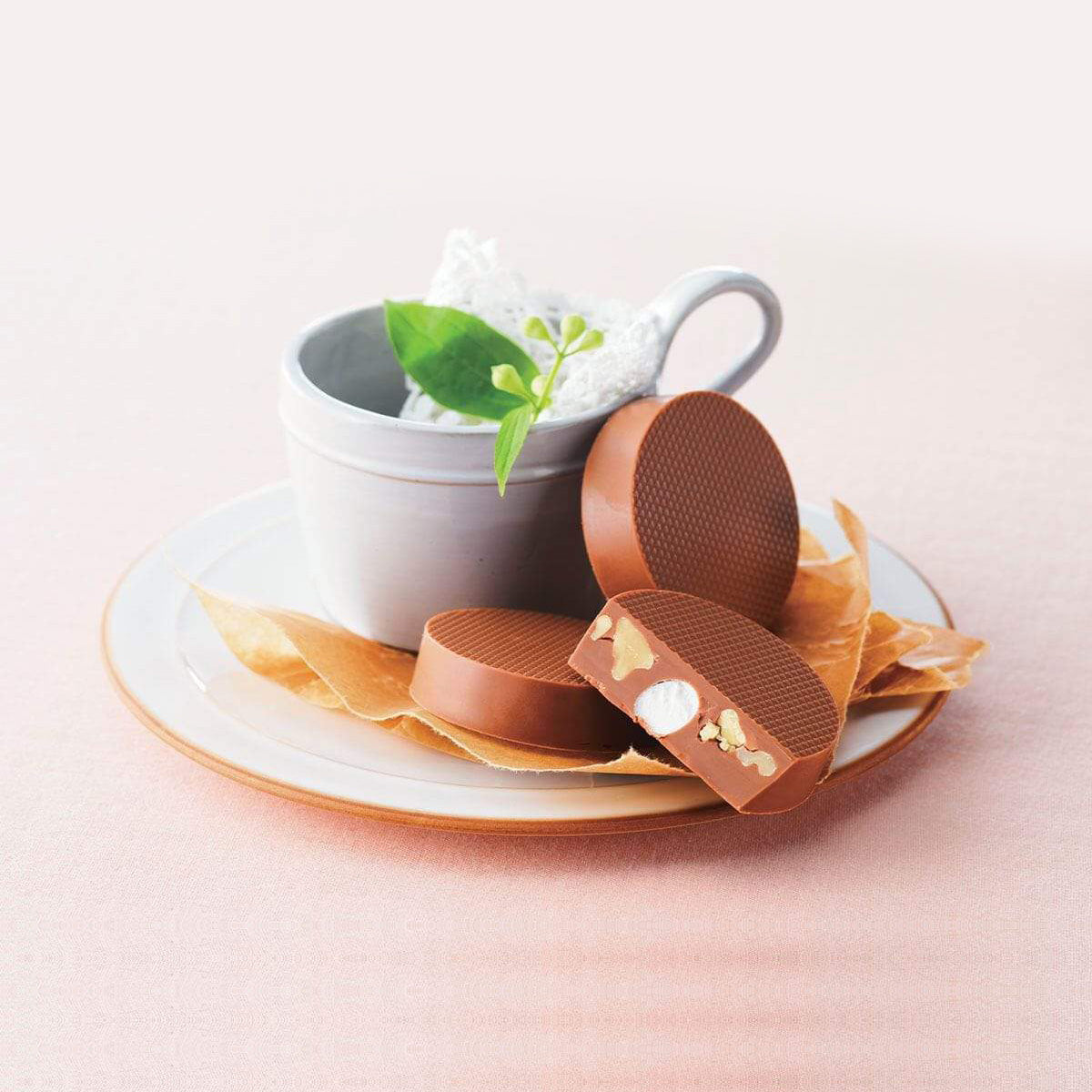 ROYCE' Chocolate - Petit Kurumaro Chocolat (5 Pcs) - Image shows brown chocolate discs filled with marshmallows and walnuts on a white plate with brown paper. Accents include a white tea cup and a stem with green leaves and buds. Background is in pink.