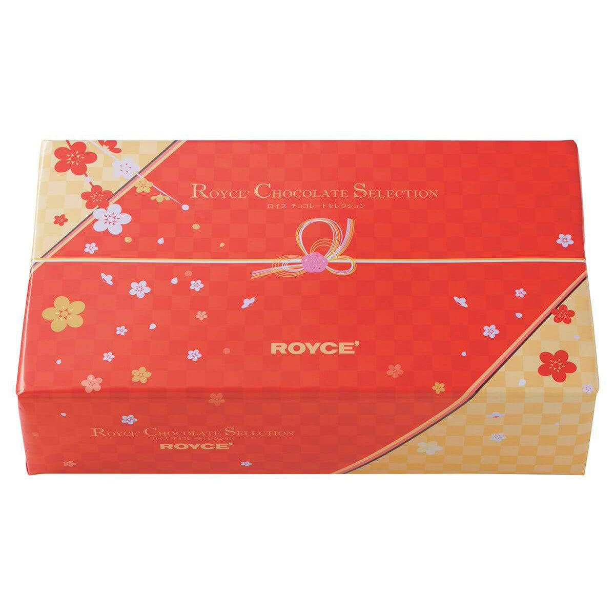 Image shows a red box with gold edges and floral prints. Text on box says ROYCE' Chocolate Selection ROYCE'. Background is in white.