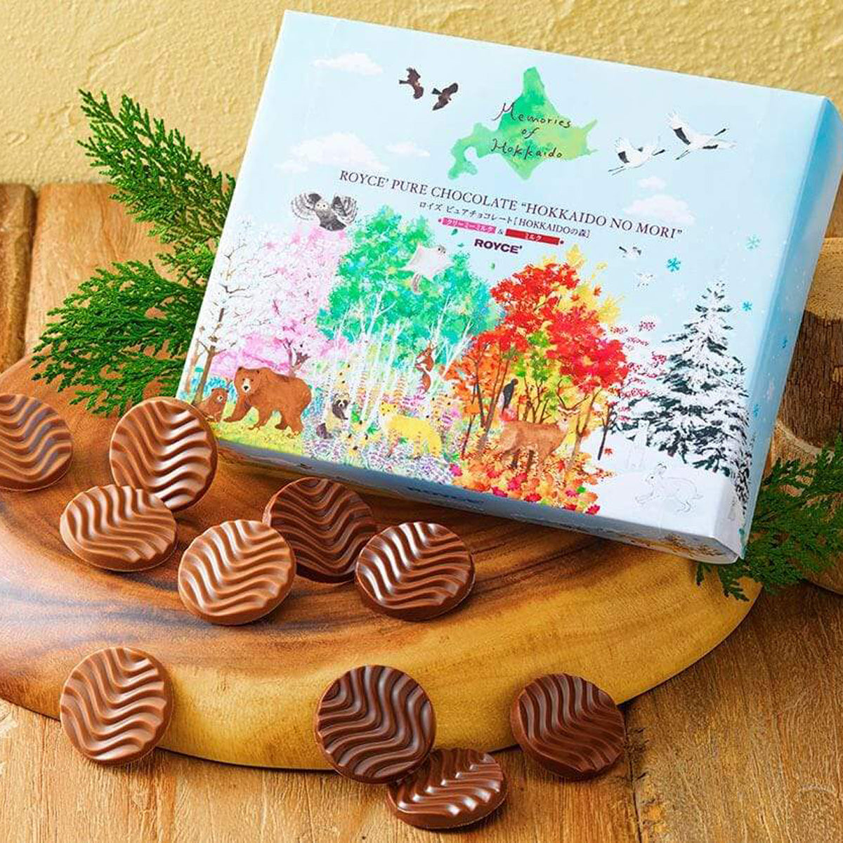 ROYCE' Chocolate - Pure Chocolate "Hokkaido No Mori" - Image shows a blue box with illustrations of animals and plants. Text inside the box says Memories of Hokkaido ROYCE' Pure Chocolate "Hokkaido No Mori" ROYCE'. Accents include a wooden plate filled with chocolate discs with a waved texture and green leaves. Background is brown wood and yellow cement.
