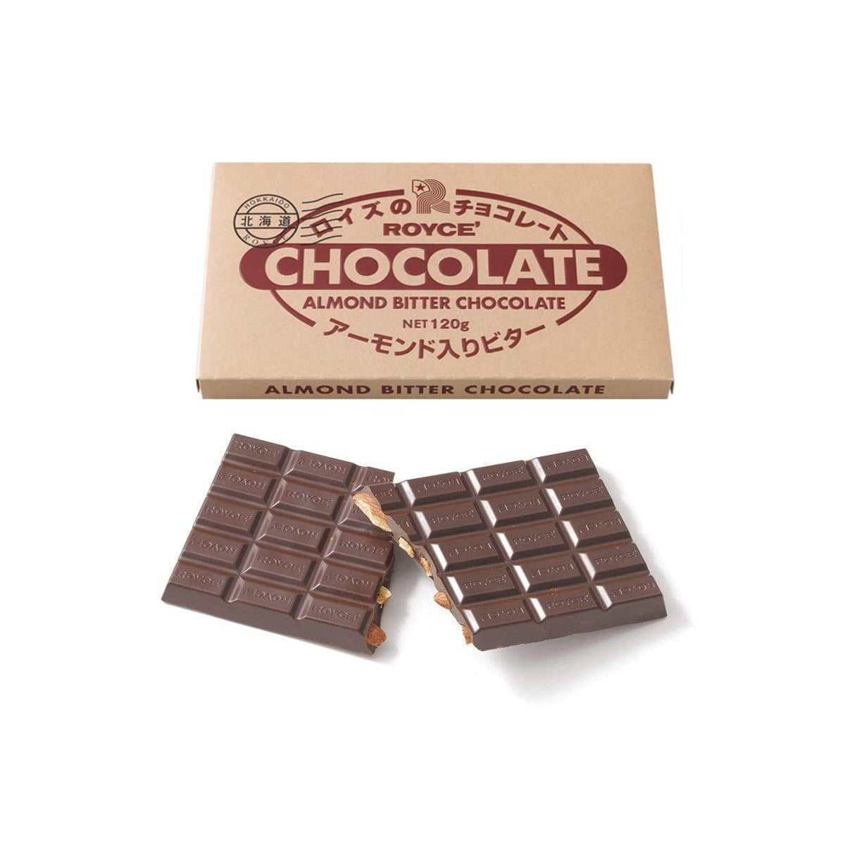 ROYCE' Chocolate - Chocolate Bar "Almond Bitter" - Image shows a chocolate carton on top. It has text in black saying Hokkaido ROYCE'. Text in red says ROYCE' Chocolate Almond Bitter Chocolate Net 120g. Text on bottom part says Almond Bitter Chocolate. Second image below features dark brown chocolate bars with almonds and the word "ROYCE'" engraved.