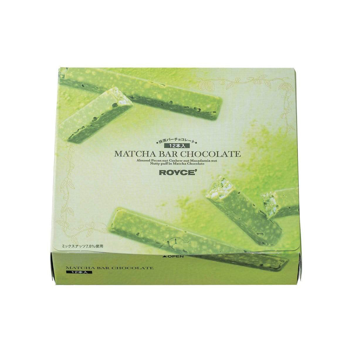 ROYCE' Chocolate - Matcha Bar Chocolate - Image shows a green box with pictures of green chocolate bars. Text in the middle says Matcha Bar Chocolate Almond Pecan nut Cashew nut Macadamia nut Nutty puff in Matcha Chocolate. ROYCE'.
