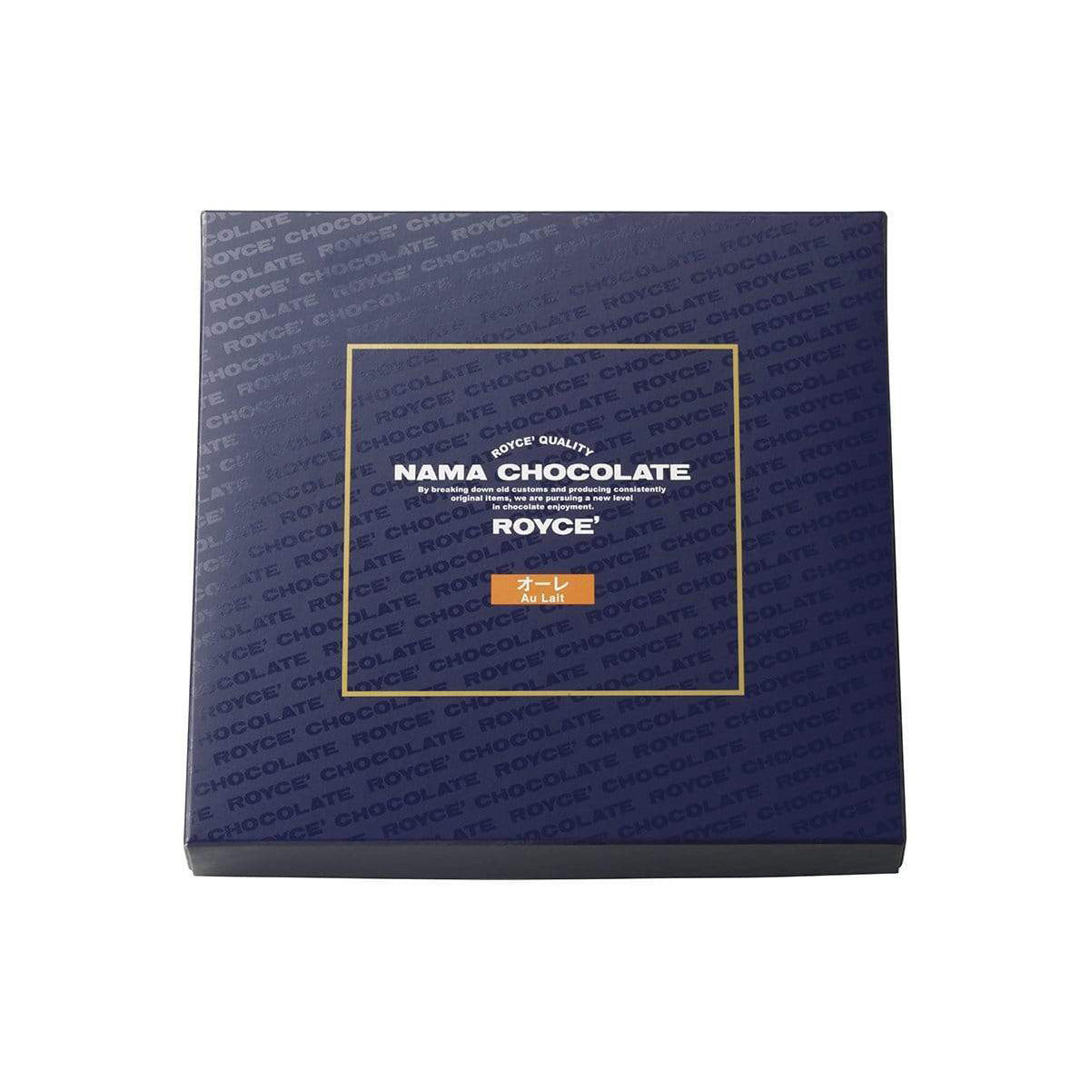 ROYCE' Chocolate - Nama Chocolate "Au Lait" - Image shows a blue box. White text inside golden square says ROYCE' Quality Nama Chocolate By breaking down old customs and producing consistently original items, we are pursuing a new level in chocolate enjoyment. ROYCE' Au Lait.