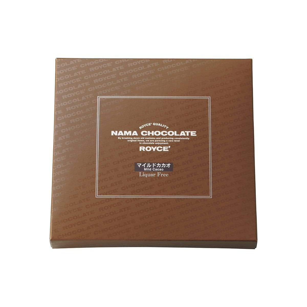 ROYCE' Chocolate - Nama Chocolate "Mild Cacao" - Image shows a brown box with white text inside white square saying ROYCE' Quality Nama Chocolate By breaking down old customs and producing consistently original items, we are pursuing a new level in chocolate enjoyment. ROYCE' Mild Cacao Liquor Free. 