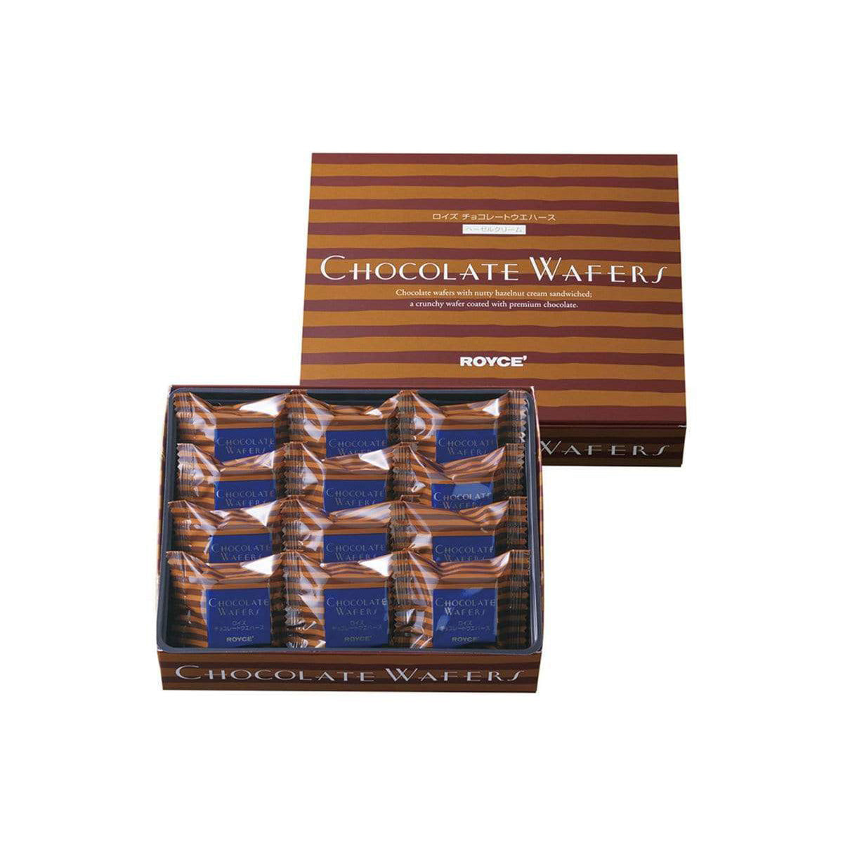 ROYCE' Chocolate - Chocolate Wafers "Hazel Cream" - Image shows a brown striped box. White text in the center says Chocolate Wafers Chocolate wafers with nutty hazelnut cream sandwiched; a crunchy wafer coated with premium chocolate. ROYCE'. Text on the bottom part says Chocolate Wafers. Image shows a brown box filled with individually-wrapped wafers with brown striped packaging. Blue text on each says Chocolate Wafers ROYCE'. White text on the bottom part says Chocolate Wafers.