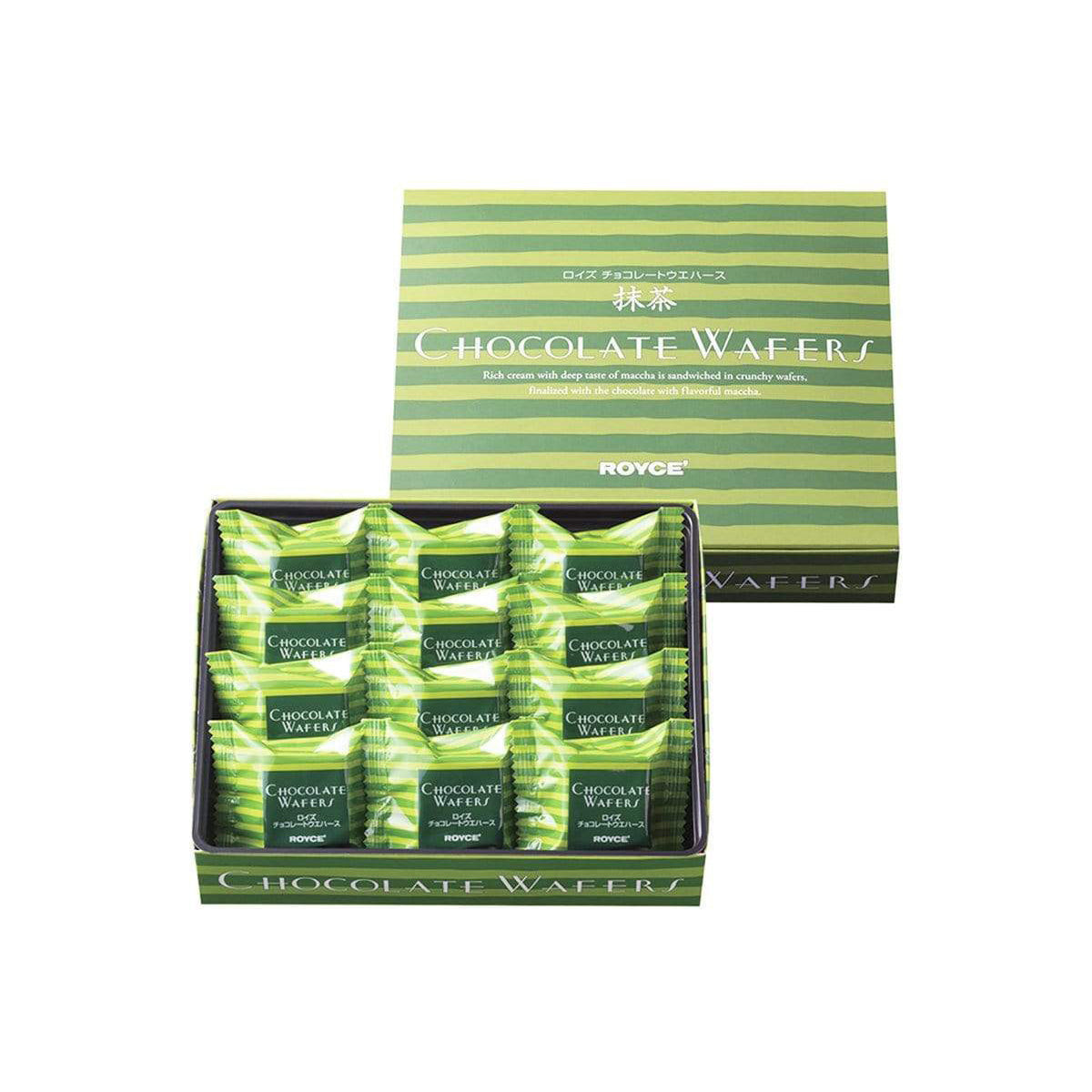 ROYCE' Chocolate - Chocolate Wafers "Matcha" - Image on top shows a green striped box. White text says Chocolate Wafers Rich cream with deep taste of matcha is sandwiched in crunchy wafers, finalized with the chocolate with flavorful matcha. ROYCE'. Text on the bottom part says Chocolate Wafers. Below is a green box filled with individually-wrapped wafers with green striped wrapper. White text on each says Chocolate Wafers ROYCE'. White text on the bottom part says Chocolate Wafers.