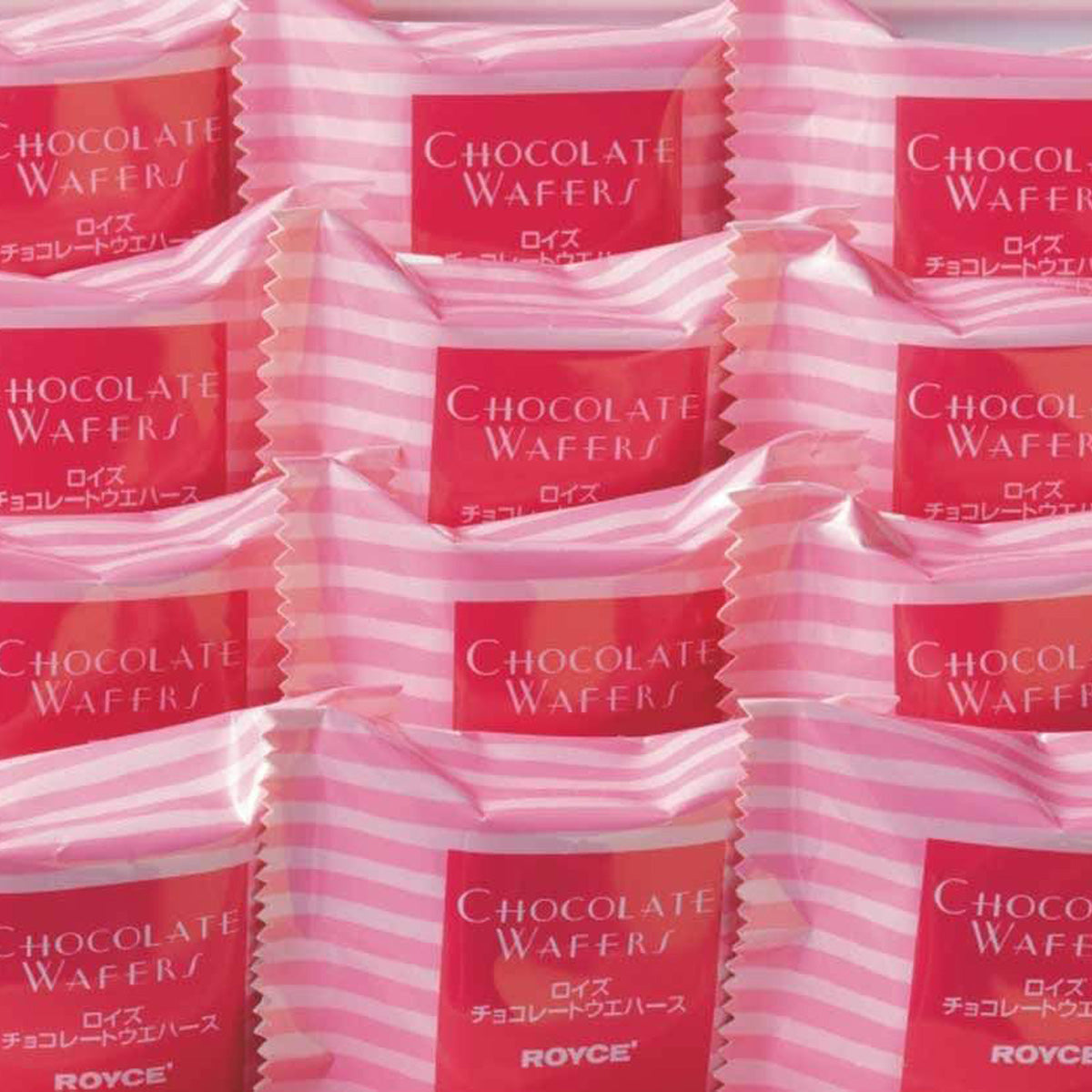 ROYCE' Chocolate - Chocolate Wafers "Strawberry Cream" - Image shows individually-wrapped pink-striped chocolate wafers. Red text says Chocolate Wafers.