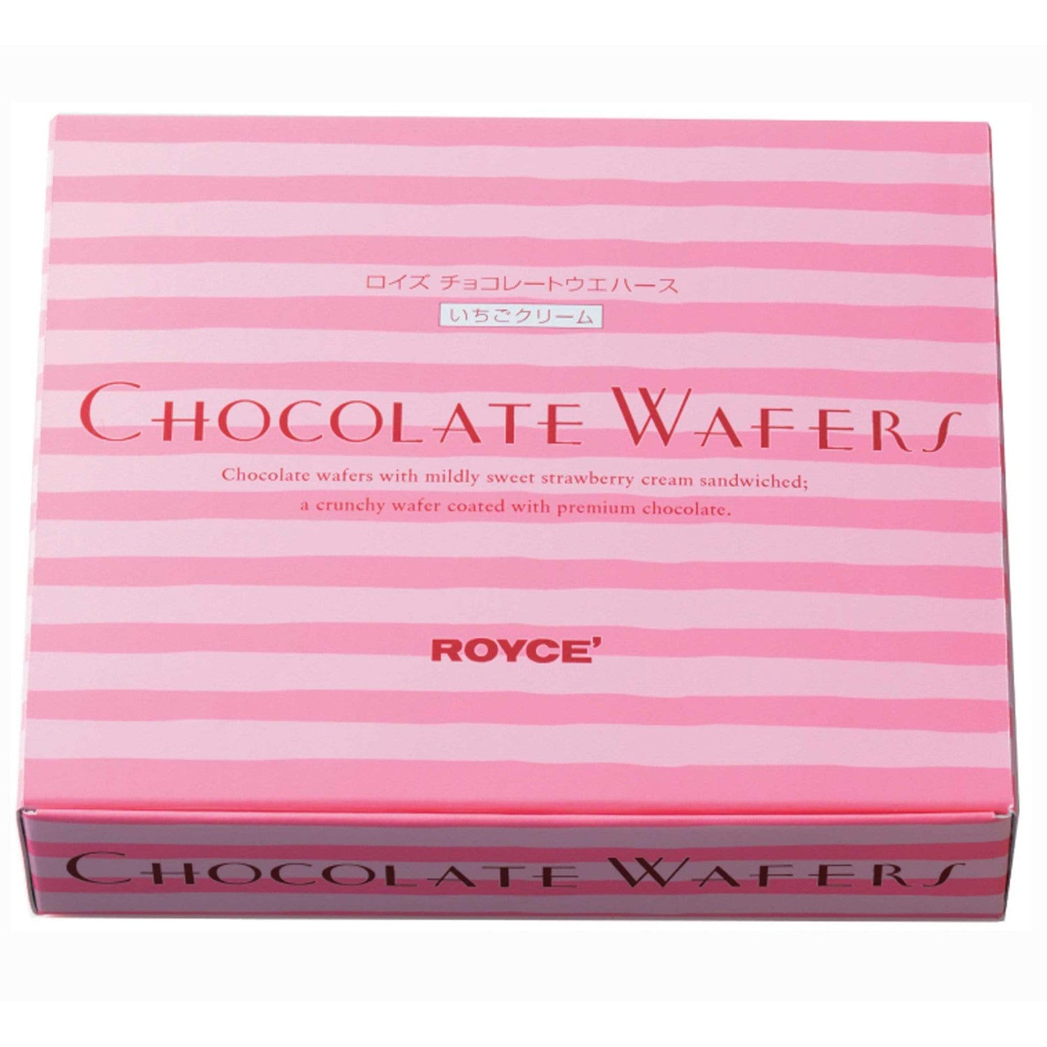 ROYCE' Chocolate - Chocolate Wafers "Strawberry Cream" - Image shows a pink striped box. Red text says Chocolate Wafers Chocolate wafers with mildly sweet strawberry cream sandwiched; a crunchy wafer coated with premium chocolate. ROYCE'. Text on the bottom part says Chocolate Wafers.
