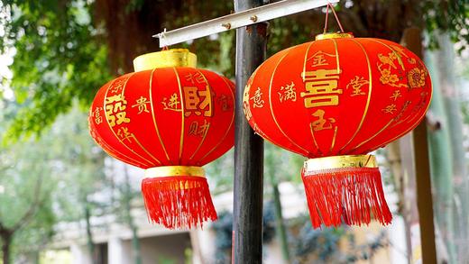 Two red Chinese paper lanterns with gold characters and red tassels, hanging outdoors, typically used for festivals like Chinese New Year.