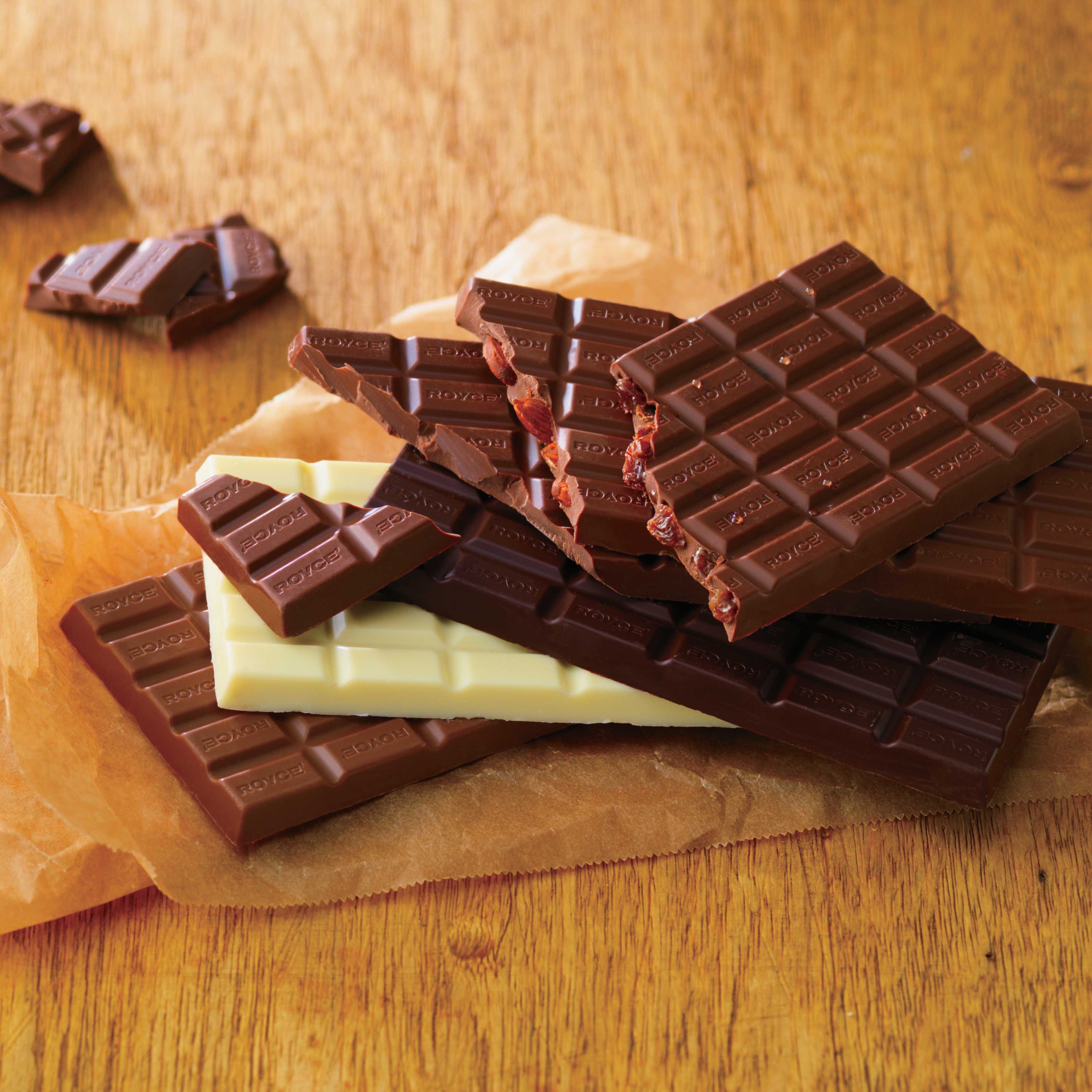 Image shows a stack of chocolate bars.